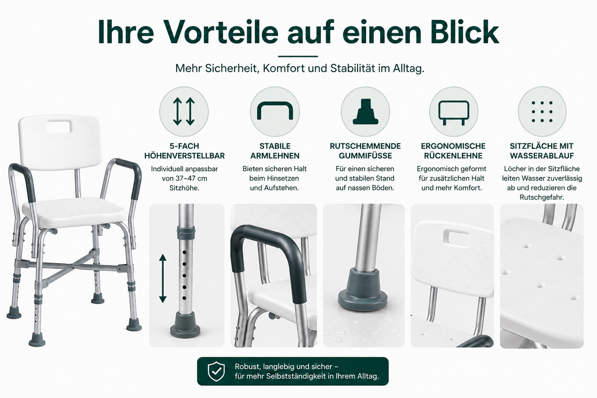 Duschstuhl mit Rückenlehne & Armlehnen