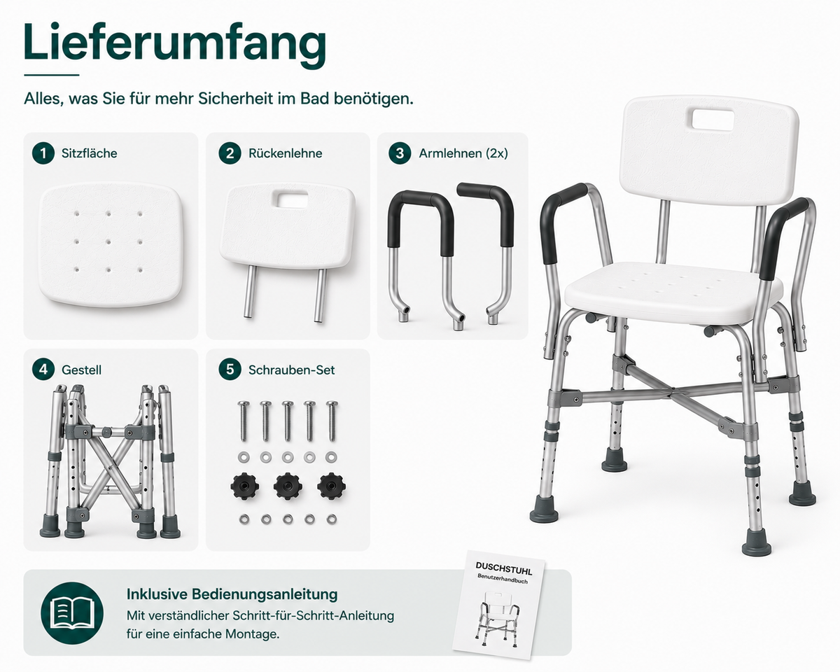 Duschstuhl mit Rückenlehne & Armlehnen