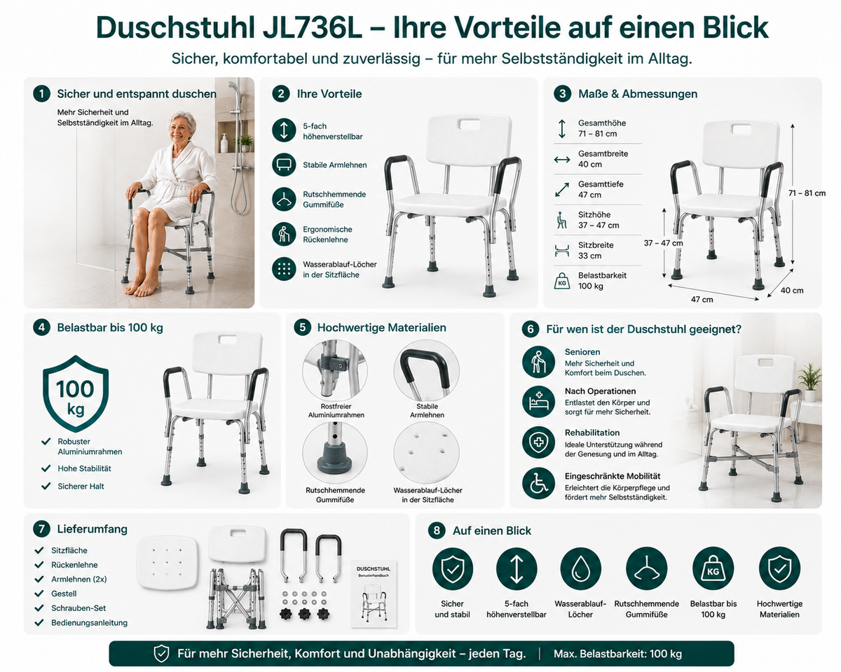 Duschstuhl mit Rückenlehne & Armlehnen